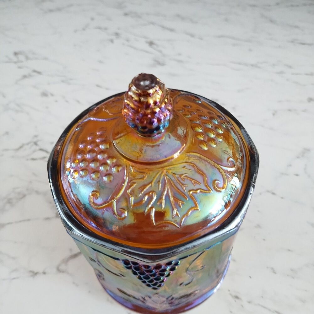 Vintage Indiana Glass Iridescent Marigold Carnival Harvest Grape Biscuit  Jar - Picture 5 of 12